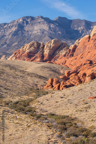 Towering red sandstone peaks at Red Rock Canyon National Conservation Area in Las Vegas, Nevada 