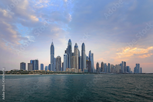 Dubai Marina skyline  yachts and famous promenade  United Arab Emirates