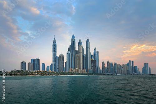 Dubai Marina skyline  yachts and famous promenade  United Arab Emirates