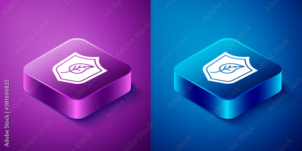 Isometric Shield with leaf icon isolated on blue and purple background. Eco-friendly security shield with leaf. Square button. Vector. Isometric Shield with leaf icon isolated on blue and purple background. Eco-friendly security shield with leaf. Square button. Vector.