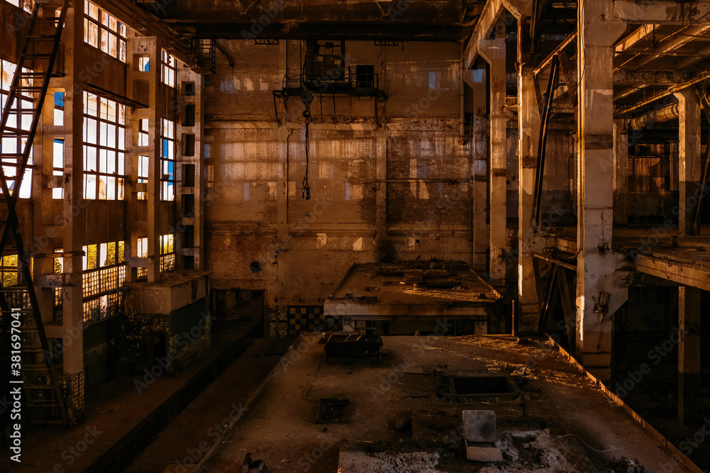 Dark creepy empty abandoned industrial building interior at night Dark creepy empty abandoned industrial building interior at night