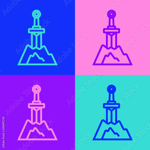 Pop art line Sword in the stone icon isolated on color background. Excalibur the sword in the stone from the Arthurian legends. Vector.