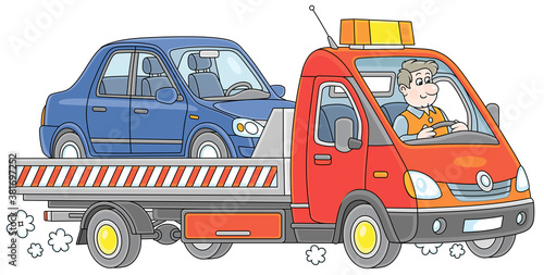 Funny driver in a breakdown truck carrying a broken car to a service center, vector cartoon illustration on a white background