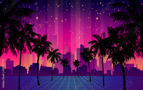 80s Futuristic Retro Future. Retro Futuristic Background 1980s Style with Palm Tree Silhouette. Road to the City at Sunset 1980s Style. Digital Retro Cityscape Fashion Sci-Fi Summer Landscape.