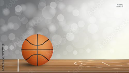 Basketball ball on basketball court area with light blurred bokeh background. Abstract background for basketball sport with light effect. Vector.