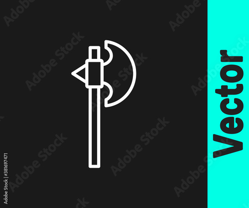 White line Medieval axe icon isolated on black background. Battle axe, executioner axe. Medieval weapon. Vector.