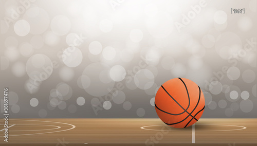 Basketball ball on basketball court area with light blurred bokeh background. Abstract background for basketball sport with light effect. Vector.