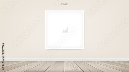 Empty photo frame or picture frame background in wooden room space background. For room design and interior decoration. Vector.