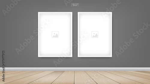 Empty photo frame or picture frame background in wooden room space background. For room design and interior decoration. Vector.