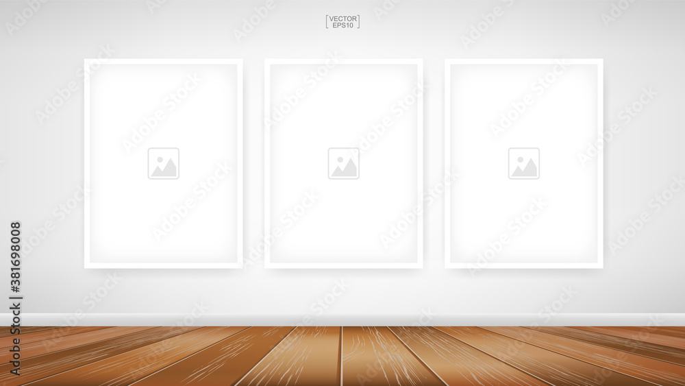 Empty photo frame or picture frame background in wooden room space background. For room design and interior decoration. Vector. Empty photo frame or picture frame background in wooden room space background. For room design and interior decoration. Vector.