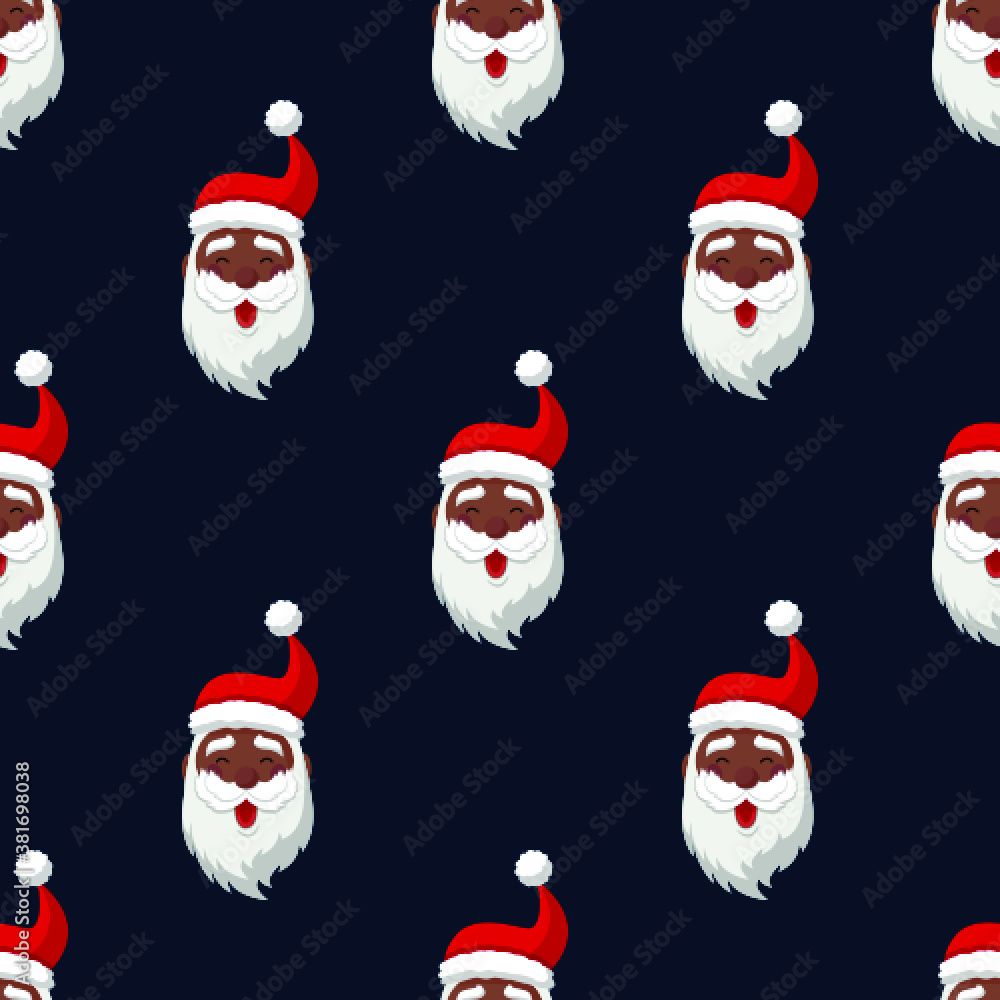 Seamless pattern for Christmas. Happy Black Santa Claus. Vector Illustration on dark blue background