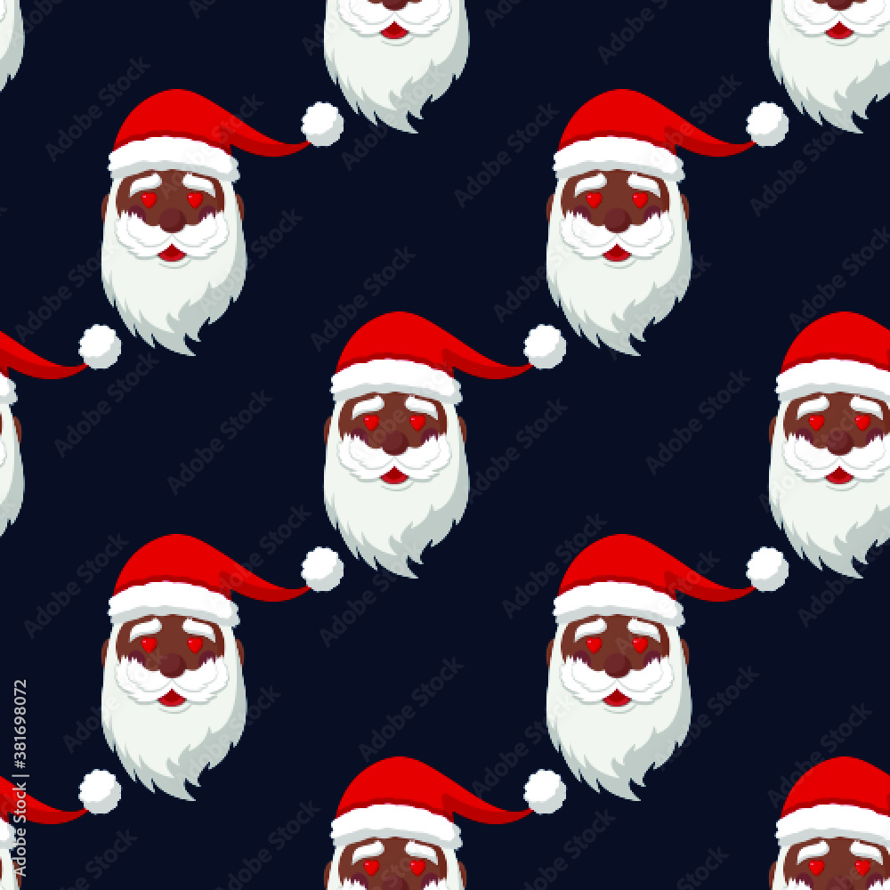 Seamless pattern for Christmas. Black Santa Claus with love symbol in eyes. Vector Illustration on dark blue background Seamless pattern for Christmas. Black Santa Claus with love symbol in eyes. Vector Illustration on dark blue background
