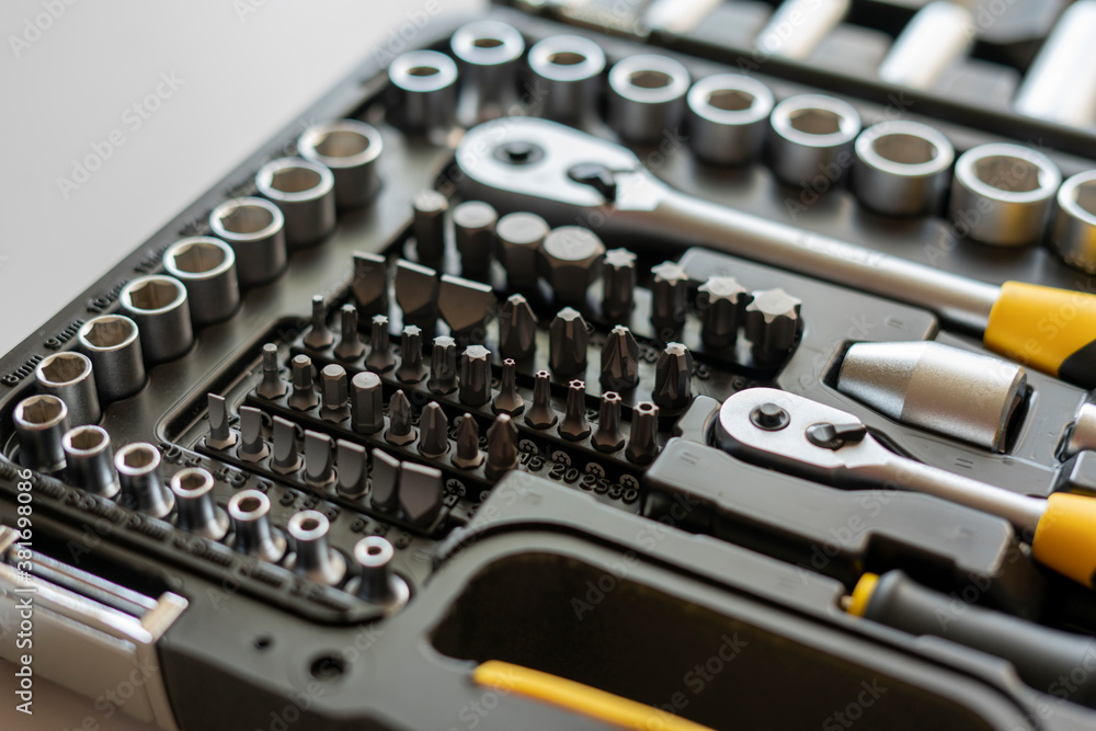 macro view of the toolbox with kit of screwdrivers, manual steel tools macro view of the toolbox with kit of screwdrivers, manual steel tools