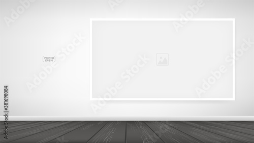 Empty photo frame or picture frame background in wooden room space background. For room design and interior decoration. Vector.