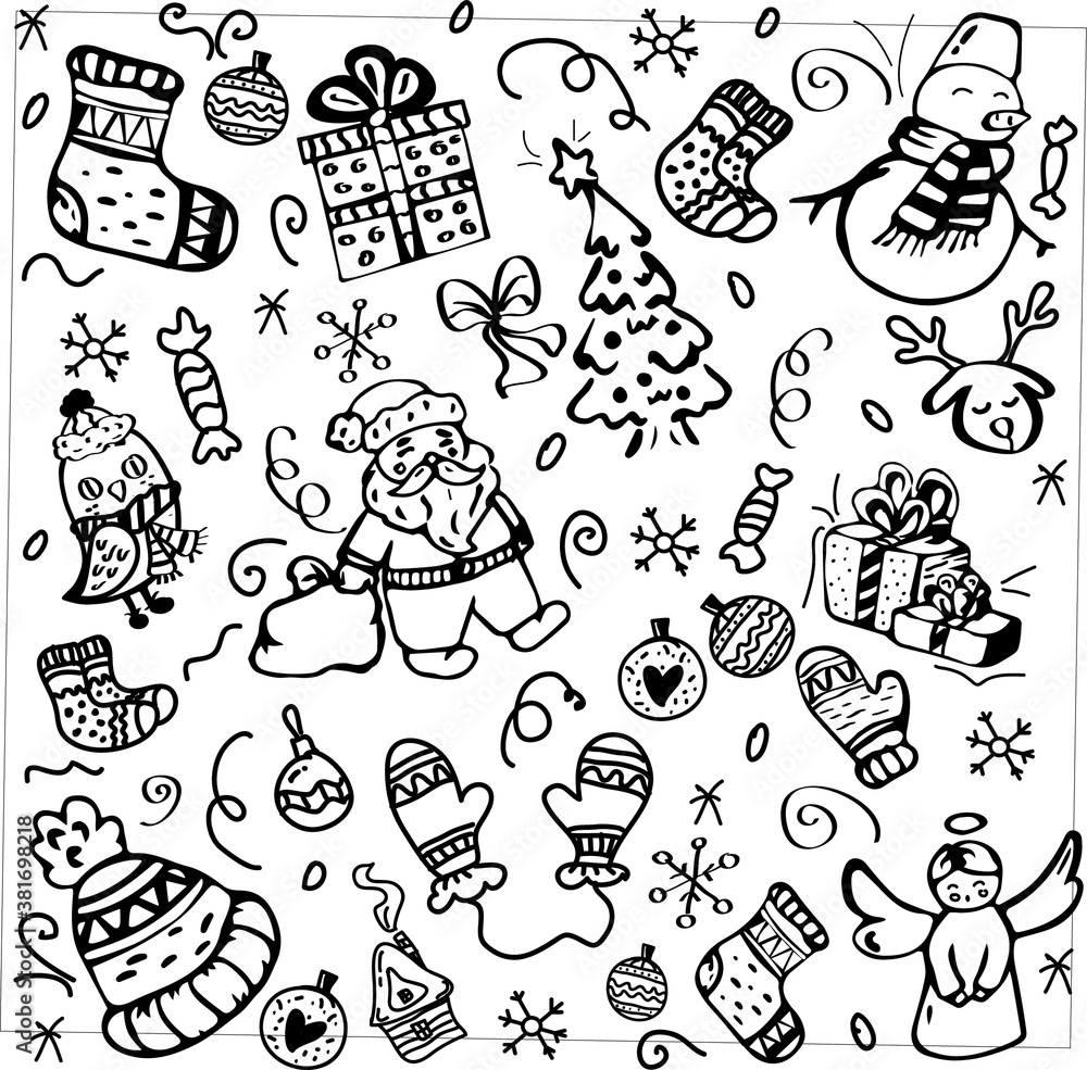 New Year's set. Doodle pattern for the new year. Christmas patterns. New Year's set. Doodle pattern for the new year. Christmas patterns.