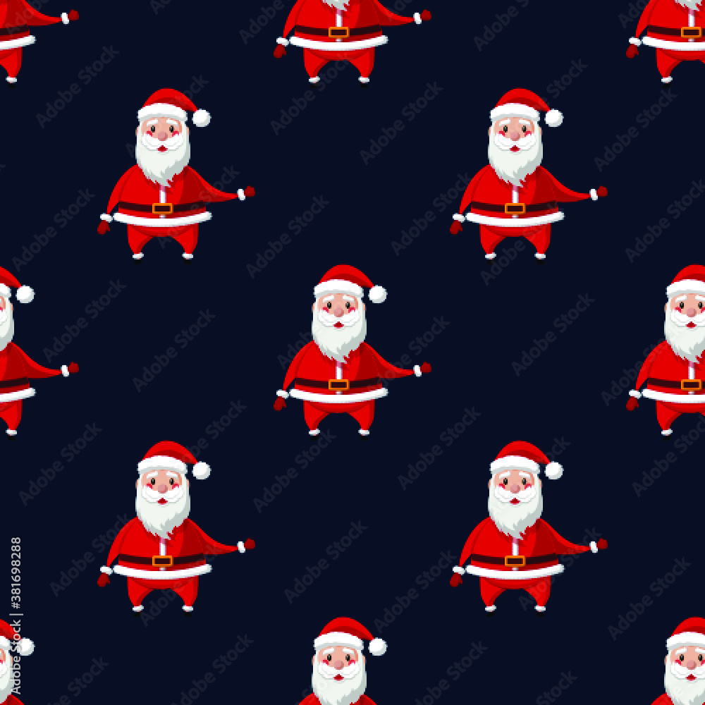 Seamless pattern for Christmas holiday with happy cartoon Santa Claus. Childish background. Vector Illustration on dark blue background