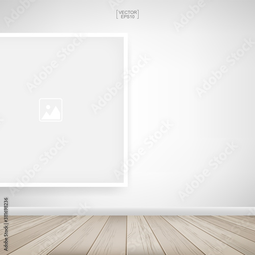 Empty photo frame or picture frame background in wooden room space background. For room design and interior decoration. Vector.
