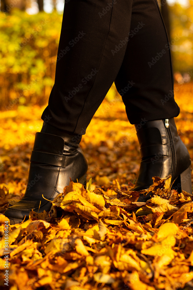 person walking in autumn leaves person walking in autumn leaves