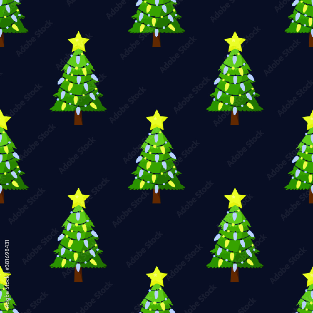 Obraz premium Seamless pattern for Christmas holiday with simple Christmas tree. Childish background. Vector Illustration on dark blue background