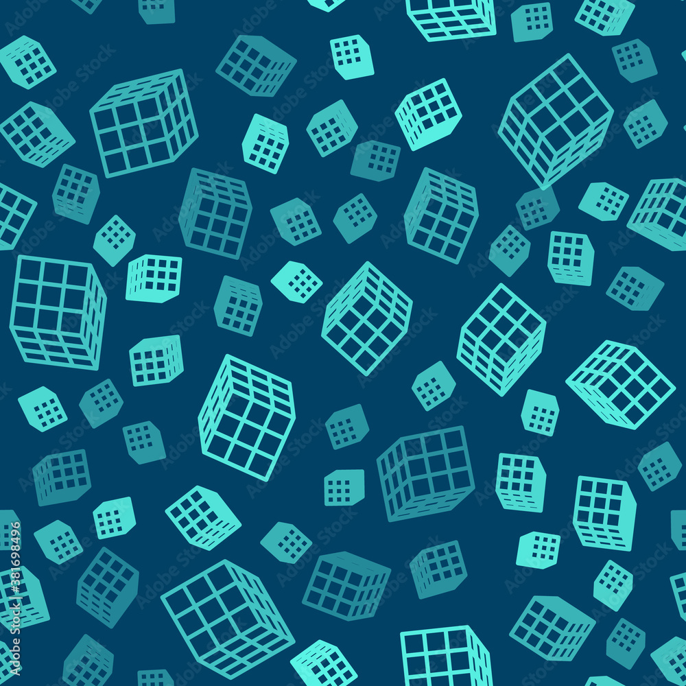 Green line Rubik cube icon isolated seamless pattern on blue background