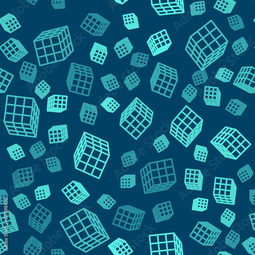 Green line Rubik cube icon isolated seamless pattern on blue background. Mechanical puzzle toy. Rubik's cube 3d combination puzzle. Vector.