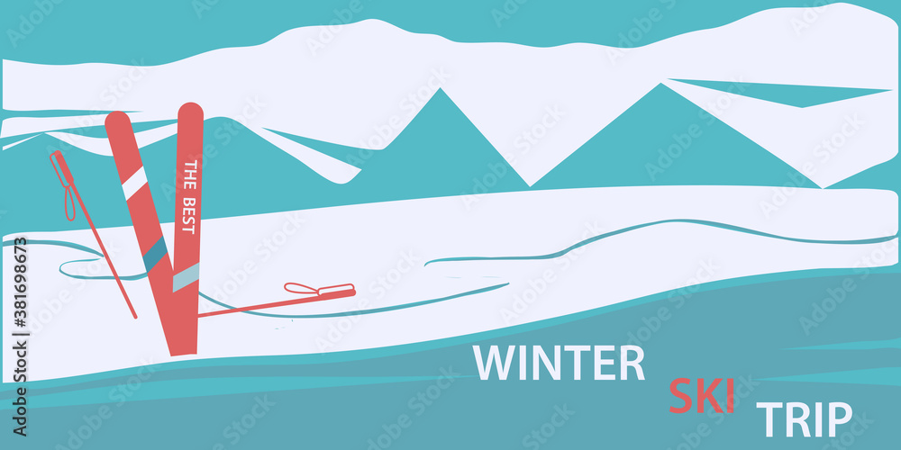 Skiing with sticks in a snowdrift - snow, mountain landscape - vector. Winter sports. Skiing with sticks in a snowdrift - snow, mountain landscape - vector. Winter sports.