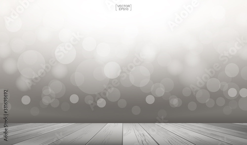 Table top background with perspective of wooden pattern and texture. Terrace with light blurred bokeh used for montage or display product. Vector.