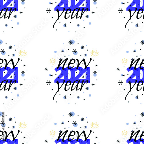 Seamless pattern for 2021 New Year with black and blue text. Vector Illustration on transparent background