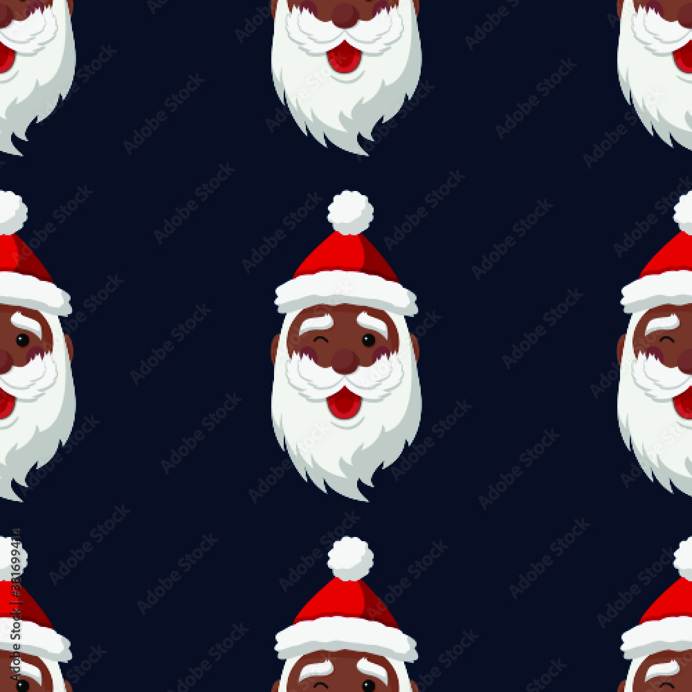 Black cartoon Santa Claus winks. Christmas Seamless Pattern with Christmas elements. Vector Illustration on dark blue background Black cartoon Santa Claus winks. Christmas Seamless Pattern with Christmas elements. Vector Illustration on dark blue background