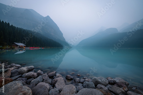 Lake Louise during a smoke-filled morning. Smoke came from the wildfires in British Columbia and western United States (Banff, Alberta, Canada)