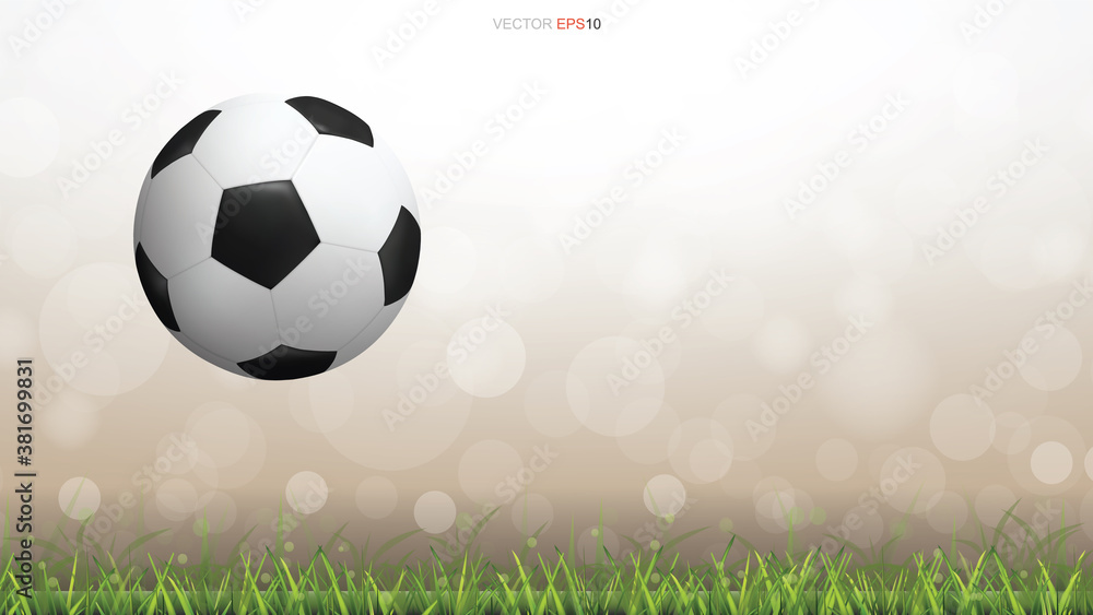 Obraz premium Soccer football ball on green grass field with light blurred bokeh background. Vector.