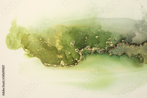 Art Abstract watercolor flow blot painting. Color green and gold marble texture background. Alcohol ink.