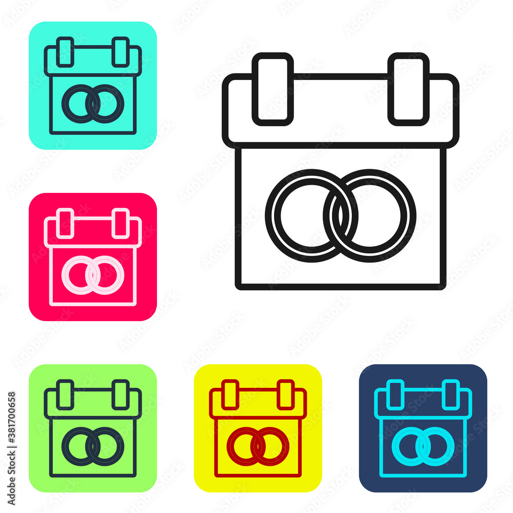 Black line Calendar icon isolated on white background. Event reminder symbol. Set icons in color square buttons. Vector. Black line Calendar icon isolated on white background. Event reminder symbol. Set icons in color square buttons. Vector.