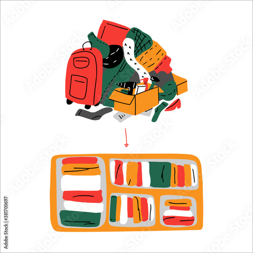 Before and after tidying up and organize wardrobe with various clothes and accessories in drawer. Pile of clothes declutter by using konmari method. of folding cloths.