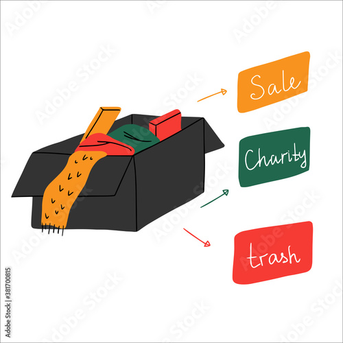 A box with unnecessary stuff after decluttering wardrobe. Things may to be sale, go to charity or to be thrown away if its are unsuitable. Hand drawn vector illustration of zero waste living.