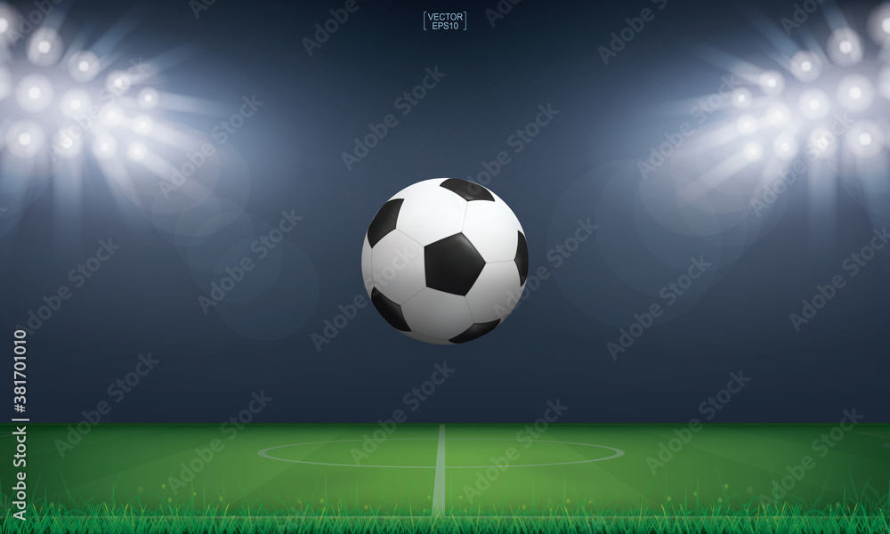 Soccer football ball and green grass of soccer field stadium background. Vector.
