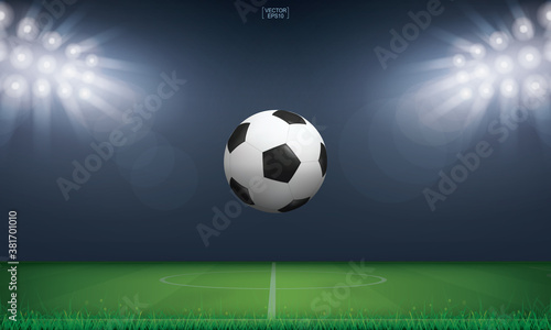 Soccer football ball and green grass of soccer field stadium background. Vector. © Lifestyle Graphic