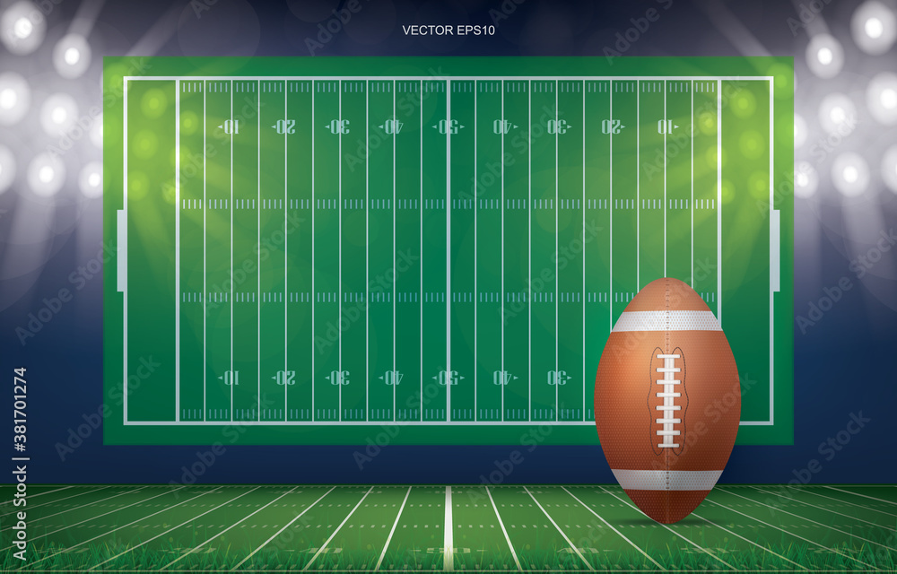 Football ball on football field stadium background. With perspective ...