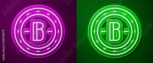 Glowing neon line Cryptocurrency coin Bitcoin icon isolated on purple and green background. Physical bit coin. Blockchain based secure crypto currency. Vector.