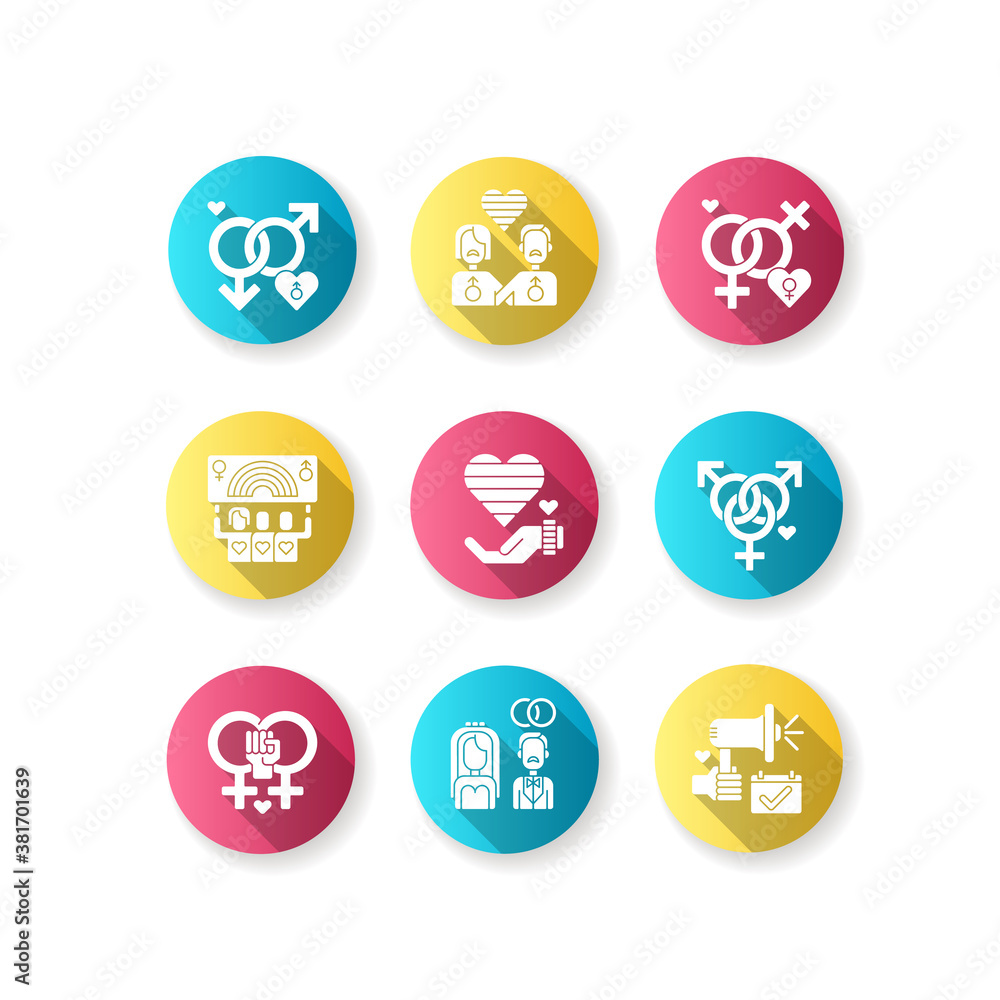 Pride life flat design long shadow glyph icons set. Gay and lesbian lifestyle signs. Bisexual culture. Rainbow flag. Silhouette RGB color illustration Pride life flat design long shadow glyph icons set. Gay and lesbian lifestyle signs. Bisexual culture. Rainbow flag. Silhouette RGB color illustration