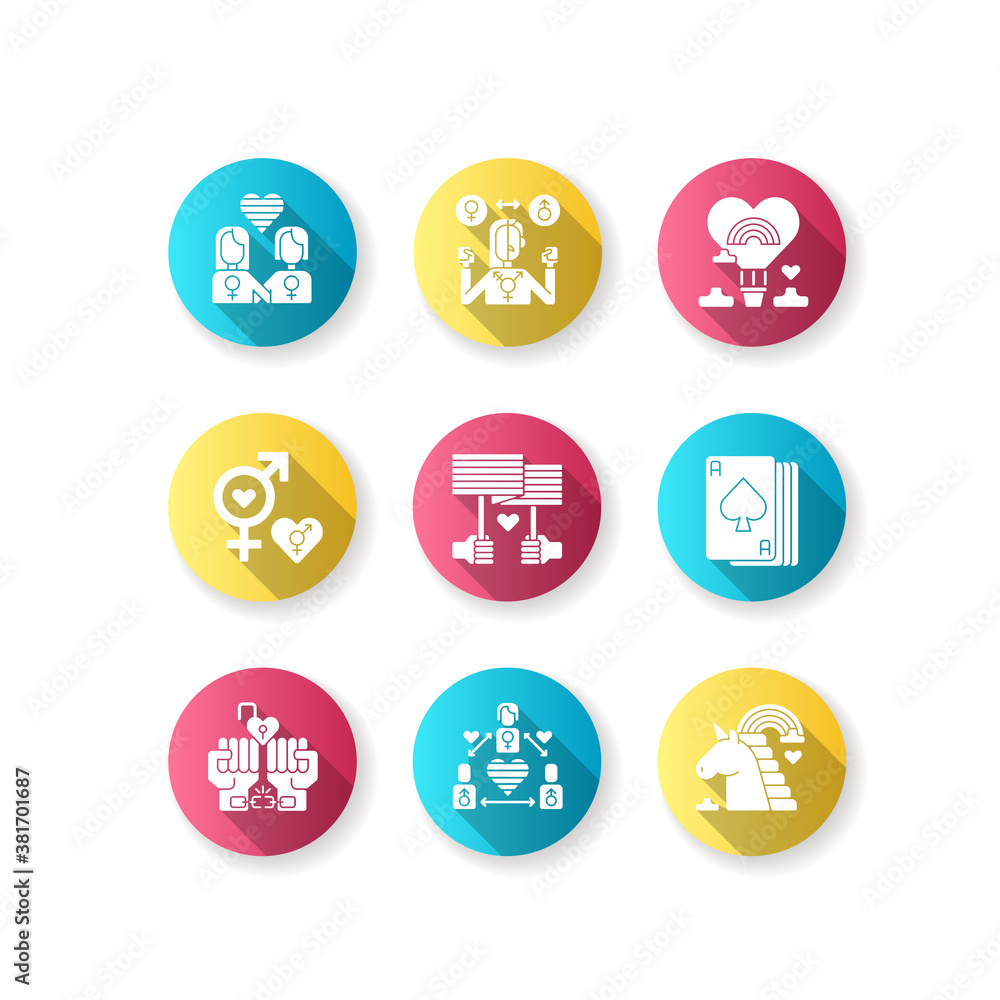 Gay symbolics flat design long shadow glyph icons set. Pride society lifestyle signs. Bisexual parade. Rainbow unicorn. Silhouette RGB color illustration Gay symbolics flat design long shadow glyph icons set. Pride society lifestyle signs. Bisexual parade. Rainbow unicorn. Silhouette RGB color illustration