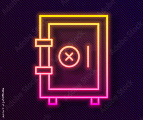 Glowing neon line Safe icon isolated on black background. The door safe a bank vault with a combination lock. Reliable Data Protection. Vector.
