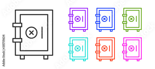 Black line Safe icon isolated on white background. The door safe a bank vault with a combination lock. Reliable Data Protection. Set icons colorful. Vector.