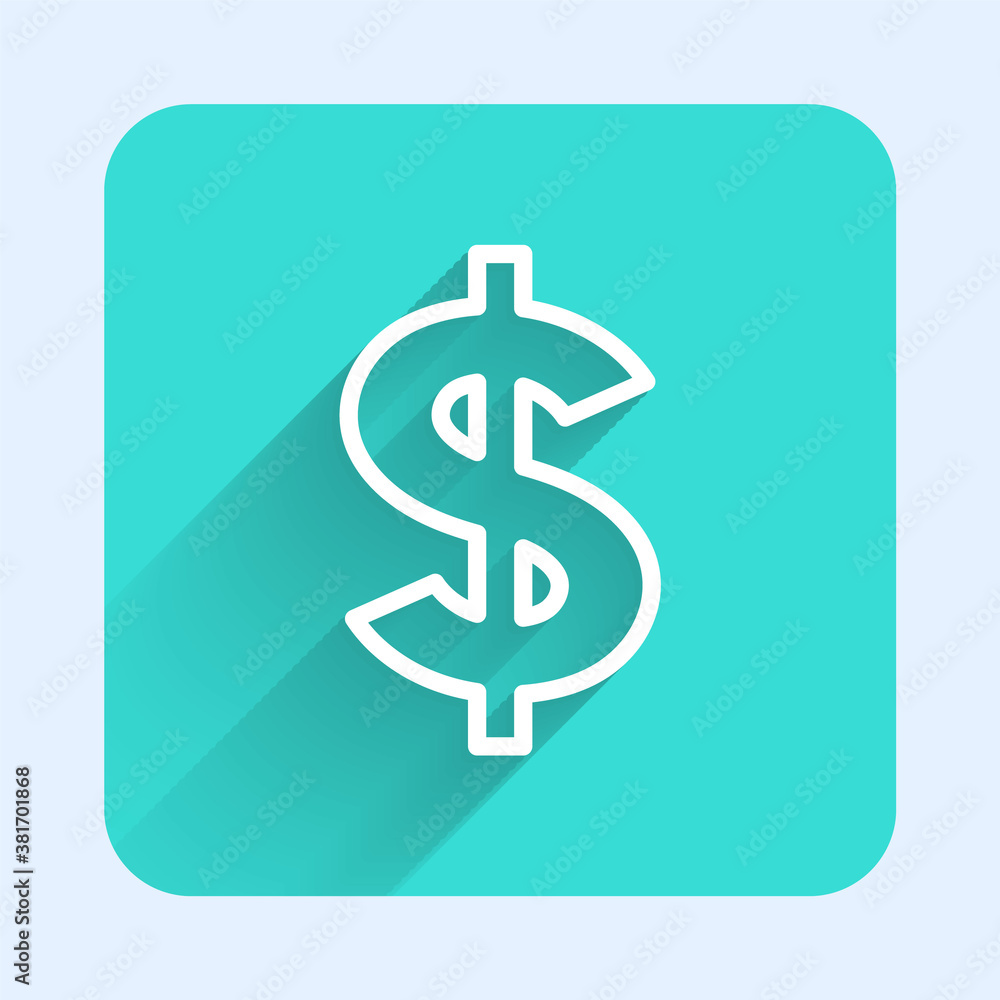 White line Dollar symbol icon isolated with long shadow. Cash and money, wealth, payment symbol. Casino gambling. Green square button. Vector. White line Dollar symbol icon isolated with long shadow. Cash and money, wealth, payment symbol. Casino gambling. Green square button. Vector.