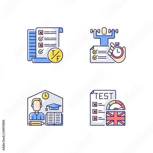 True false test RGB color icons set. Placement exam. Physical skills testing. Examination and education. Right answer. Isolated vector illustrations