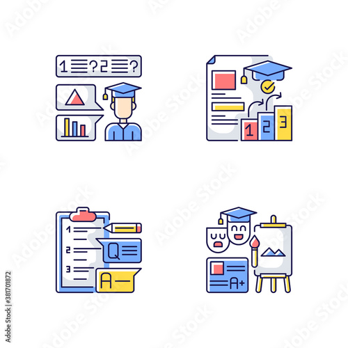 Questioning checklist RGB color icons set. Succesful examination. Academic degree. Education in university. Graduate level. Isolated vector illustrations