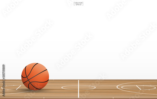 Basketball ball on basketball court with wooden floor pattern and texture. Basketball field isolated on white background. Vector.