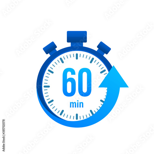 The 60 minutes, stopwatch vector icon. Stopwatch icon in flat style, timer on on color background. Vector illustration.