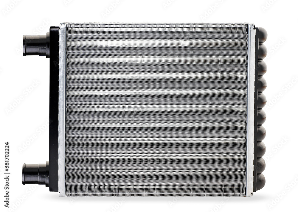 Fototapeta premium New heater radiator for car on a white background, isolated. Top view radiator stove