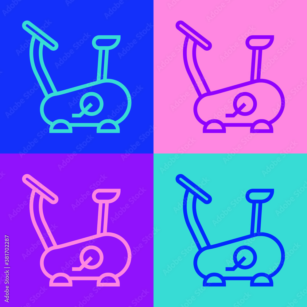 Pop art line Stationary bicycle icon isolated on color background. Exercise bike. Vector. Pop art line Stationary bicycle icon isolated on color background. Exercise bike. Vector.